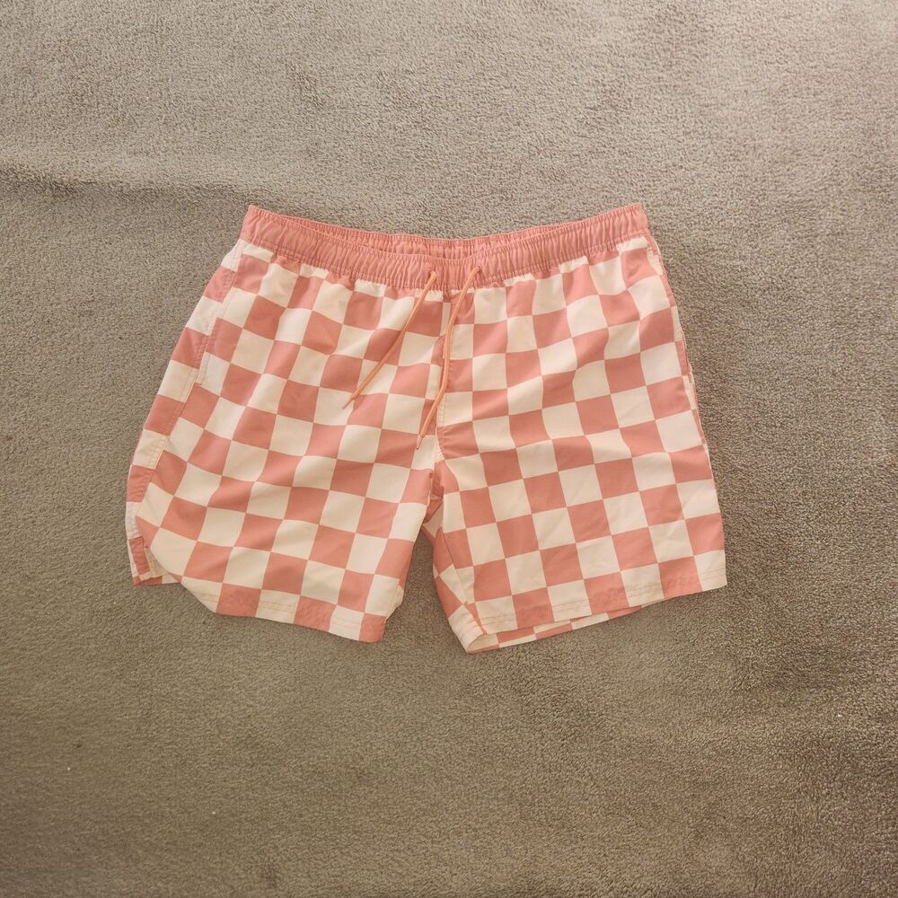 Mad Engine Men's Coral & Orange Checked Microfiber Swim Shorts Sz: XL